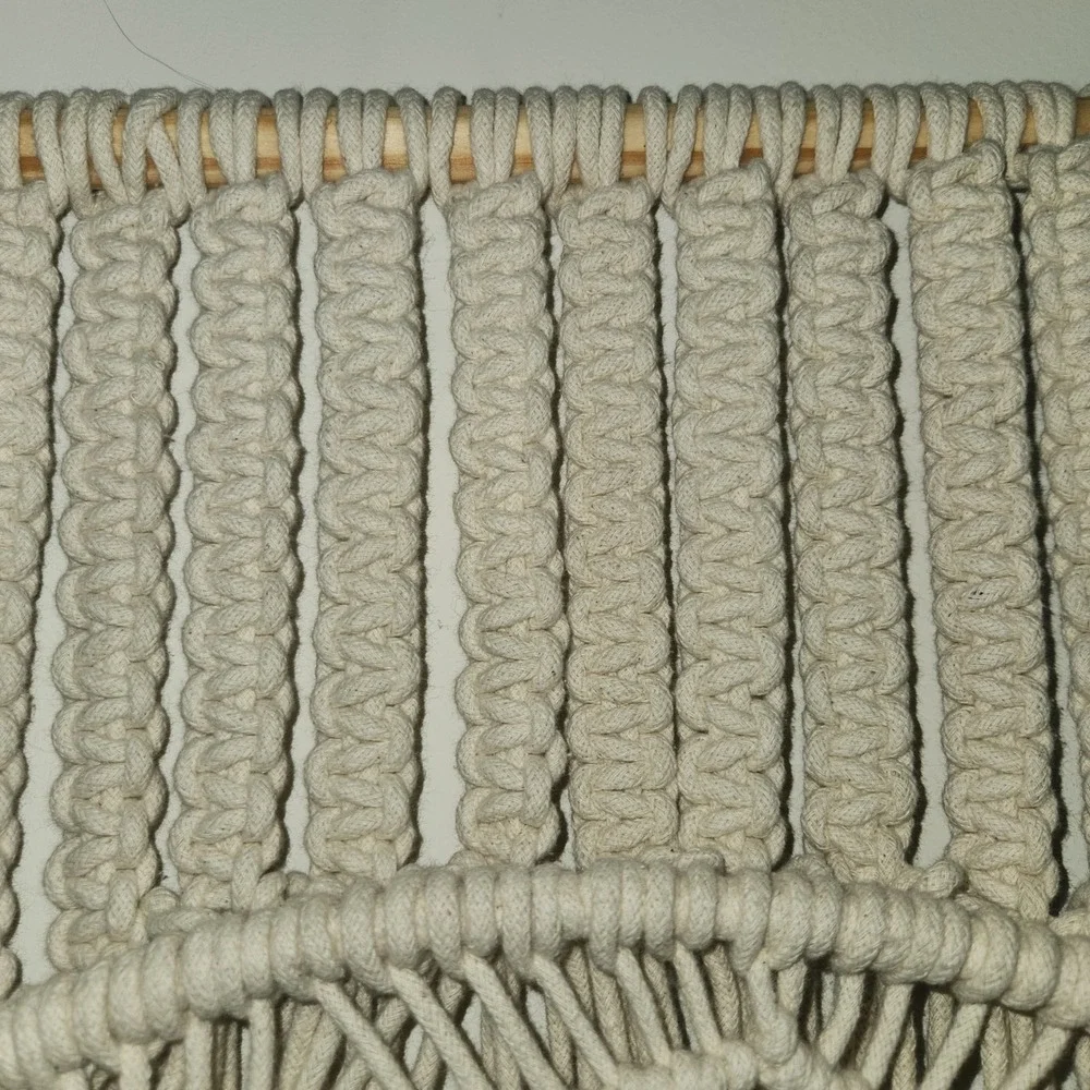 Large Boho Macrame Wall Hanging Mirror Cream Cotton Fringe 20x58 Wood Bead Decor